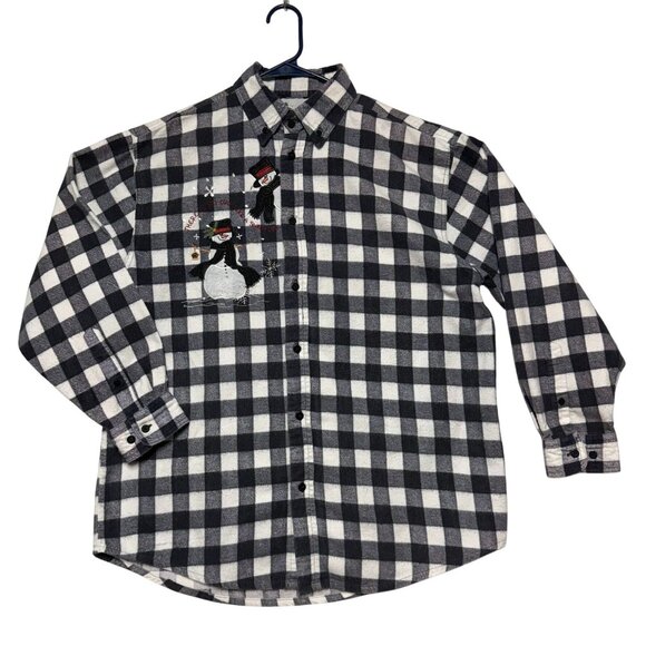 * SOLD * Black & White Plaid Flannel Shirt with Snowman Size M Excellent - Picture 1 of 6